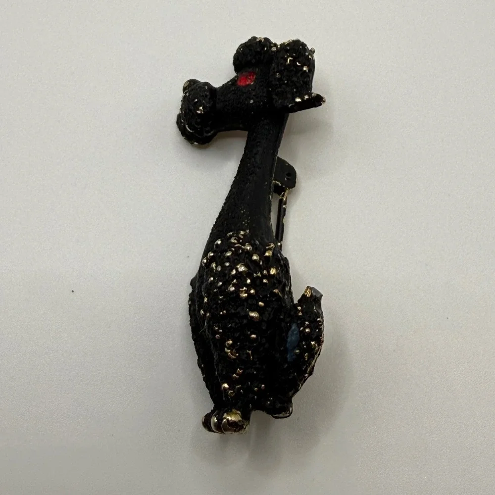 Mamselle Vintage Black Textured Poodle Brooch Gold Tone Red Rhinestone Eye Pin